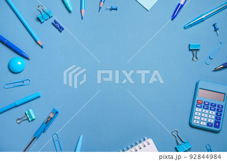 School objects, office supplies, tools and accessories isolated on blue 92844984
