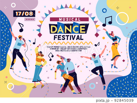 Music dance poster. Summer party with street food, spring city concert or fest, happy night market. Colorful girls and boys fun characters. Different choreography positions. Vector modern background 92845039