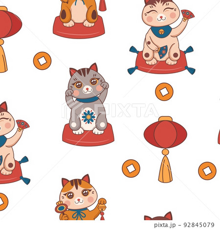 Maneki neko lucky cat pattern. Japanese or chinese animal kitty doll with money and red lantern, japan luck talisman symbol. Decor textile, wrapping paper, wallpaper design. Vector seamless background 92845079