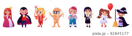 Halloween kid party. Children in carnival cosplay costumes. Holiday spooky dresses with cute pumpkin. Fairy and dino monster. Happy little boys or girls outfits. Vector cartoon fantasy characters set. Halloween kid party. Children in carnival cosplay costumes. Holiday spooky dresses with cute pumpkin. Fairy and dino monster. Happy little boys or girls outfits. Vector cartoon fantasy characters set. 92845177
