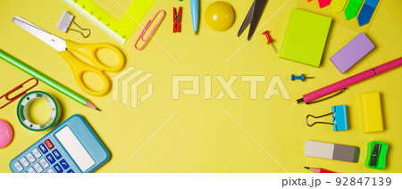 School or office workspace with colored supplies in form circle with space School or office workspace with colored supplies in form circle with space 92847139