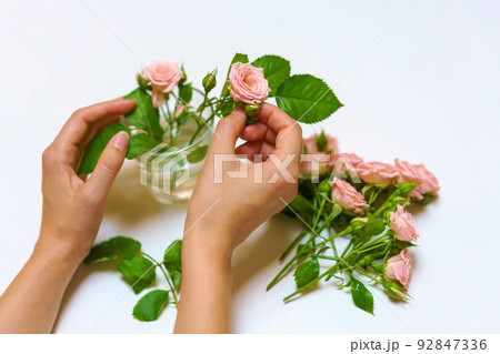 Close up of young woman florist hand creating bouquet of pink roses on a light 92847336