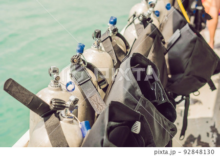 scuba compressed air tank on boat. Ready for diving scuba compressed air tank on boat. Ready for diving 92848130