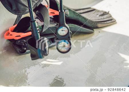 Equipment for diving and underwater compass are ready to dive 92848642