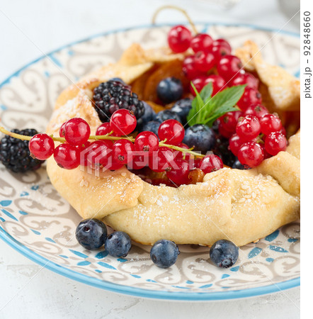Fruit tart with red currants sprinkled with powdered sugar on a white table Fruit tart with red currants sprinkled with powdered sugar on a white table 92848660