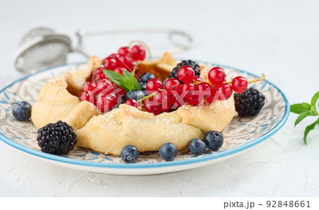 Fruit tart with red currants sprinkled with powdered sugar on a white table Fruit tart with red currants sprinkled with powdered sugar on a white table 92848661