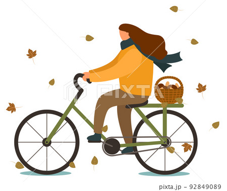 Woman Riding Bicycle with Basket of Mushrooms Woman Riding Bicycle with Basket of Mushrooms 92849089