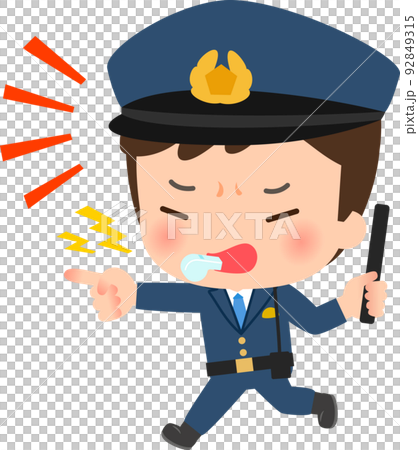 A police officer blowing a whistle and running with a baton 92849315