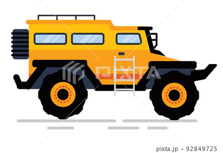 Auto with Big Wheels and Stairs, Yellow Suv Vector 92849725