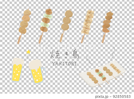 烤雞肉串和啤酒手繪插圖集（彩色/無輪廓） 92850583