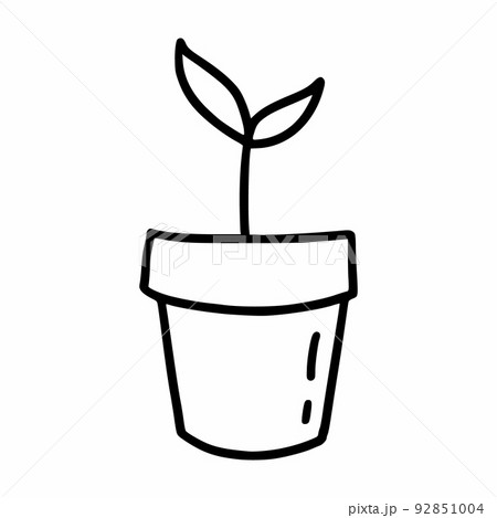 Pot with  plant. Young sprout. Seedling. Vector doodle illustration. Isolated object on white background. 92851004
