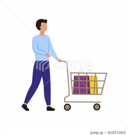 A young Man with a shopping cart goes to the store. A man in the market makes purchases. Vector flat character. A young Man with a shopping cart goes to the store. A man in the market makes purchases. Vector flat character. 92851005