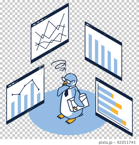 A penguin analyzing numbers by looking at graphs and data 92851743