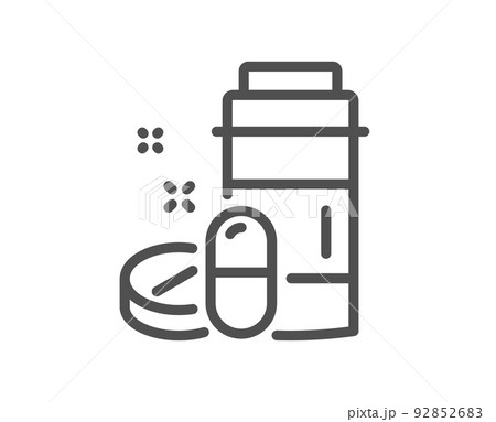 Medical drugs bottle line icon. Medicine pills sign. Pharmacy medication symbol. Quality design element. Linear style medical drugs icon. Editable stroke. Vector 92852683