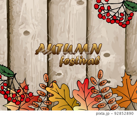 Colorful autumn leaves on wooden planks texture. Autumn background, frame, vector Colorful autumn leaves on wooden planks texture. Autumn background, frame, vector 92852890