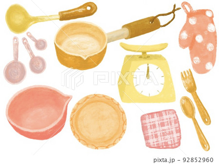 パステル風で鍋やスプーンやお皿などの調理器具のセット素材 92852960