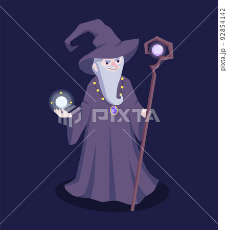 Flat illustration of medieval wise magician in a hat 92854142