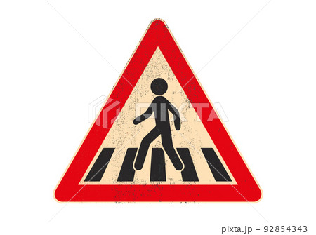 Traffic sign pedestrian crossing symbol on rusted and grungy metal board isolated on white background. 92854343