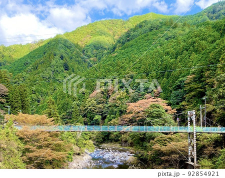 紅葉した山を背景にした龍神温泉の湯本小橋　和歌山県田辺市 92854921