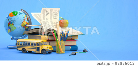 Back to school, education and learning concept. School  accessories, books and textbooks, school bus, pencils and globe. 92856015