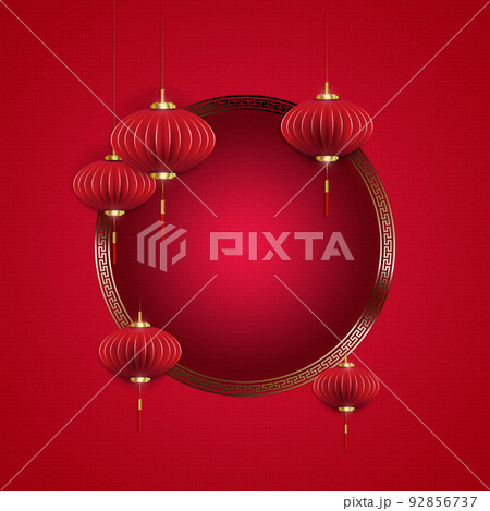 Red composition with a round frame, lanterns on pendants in the style of paper art Red composition with a round frame, lanterns on pendants in the style of paper art 92856737