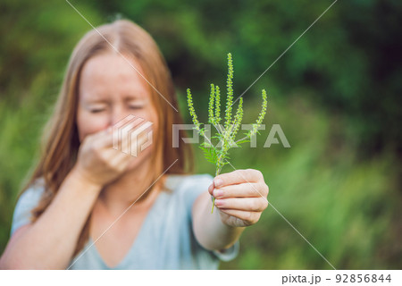 Young woman sneezes because of an allergy to ragweed Young woman sneezes because of an allergy to ragweed 92856844