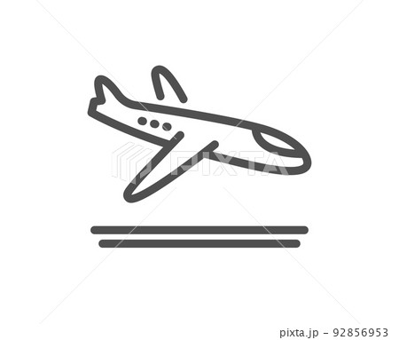 Airport arrivals plane line icon. Airplane landing sign. Flight symbol. Quality design element. Linear style arrivals plane icon. Editable stroke. Vector 92856953