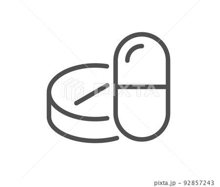 Medical drugs line icon. Medicine pills sign. Pharmacy medication symbol. Quality design element. Linear style medical drugs icon. Editable stroke. Vector 92857243