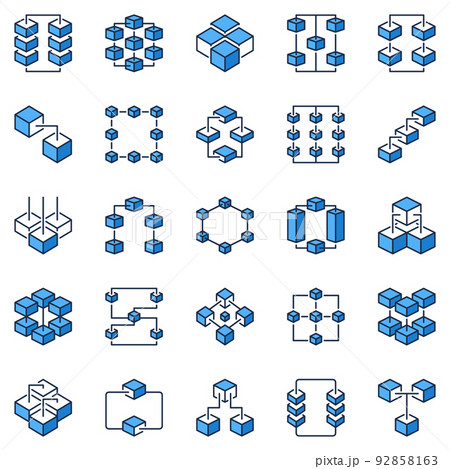 Blockchain blue icons set - vector Crypto Block Chain Technology signs 92858163