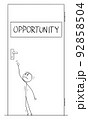 Person or Businessman Can't Open Door of Opportunity , Vector Cartoon Stick Figure Illustration 92858504