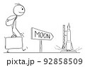 Person Going to Earth Moon, Rocket is Waiting to Start, Vector Cartoon Stick Figure Illustration 92858509