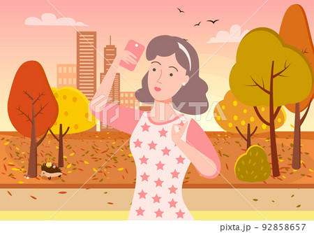 Woman Taking Selfie in Autumn Park on Phone Vector Woman Taking Selfie in Autumn Park on Phone Vector 92858657