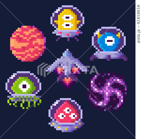Space Game Pixel Art, Aliens and Spaceship Icons Space Game Pixel Art, Aliens and Spaceship Icons 92858658
