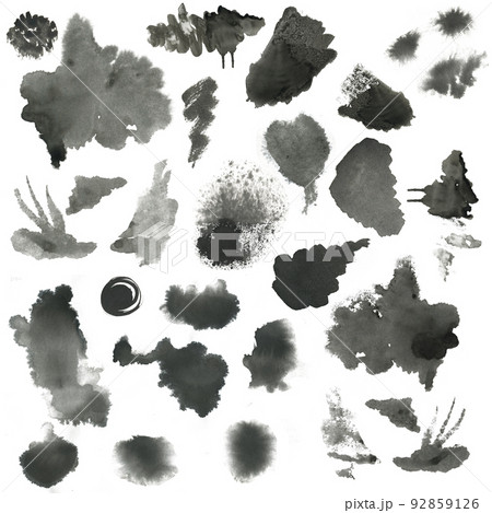 Set of Black and White Watercolor Stains. Collection of Brush Strokes and Stains of Watercolor Stains. 92859126