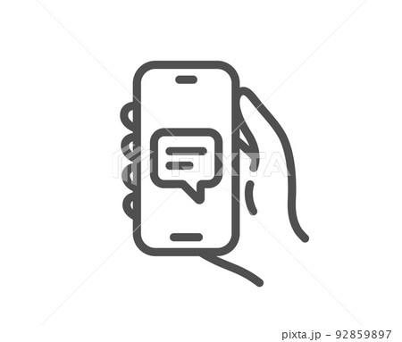 Chat app line icon. Hand hold phone sign. Cellphone with screen notification symbol. Quality design element. Linear style chat app icon. Editable stroke. Vector 92859897