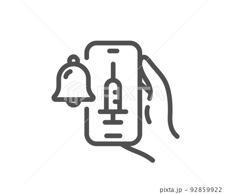 Vaccine announcement line icon. Vaccination phone app sign. Smartphone bell symbol. Quality design element. Linear style vaccine announcement icon. Editable stroke. Vector Vaccine announcement line icon. Vaccination phone app sign. Smartphone bell symbol. Quality design element. Linear style vaccine announcement icon. Editable stroke. Vector 92859922