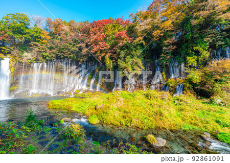 【秋素材】紅葉シーズンの白糸の滝と虹【静岡県】 92861091