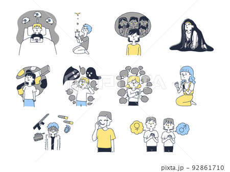 精神衛生面に不安を抱える人々のセット コミカルな手書きの人物 ベクター、温かみのある線画 精神衛生面に不安を抱える人々のセット コミカルな手書きの人物 ベクター、温かみのある線画 92861710