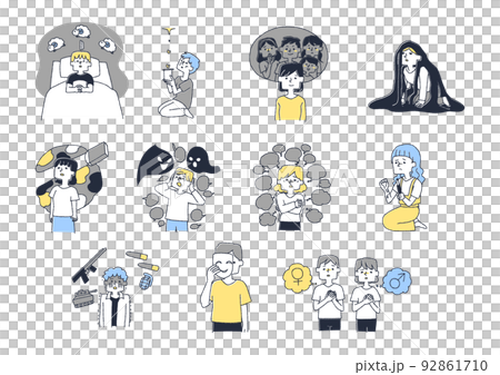 精神衛生面に不安を抱える人々のセット コミカルな手書きの人物 ベクター、温かみのある線画 精神衛生面に不安を抱える人々のセット コミカルな手書きの人物 ベクター、温かみのある線画 92861710