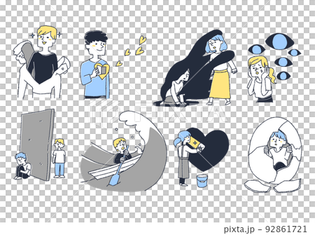 Set of illustrations for each stage of mental recovery and treatment Comical hand-drawn characters Vector, warm line drawing 92861721