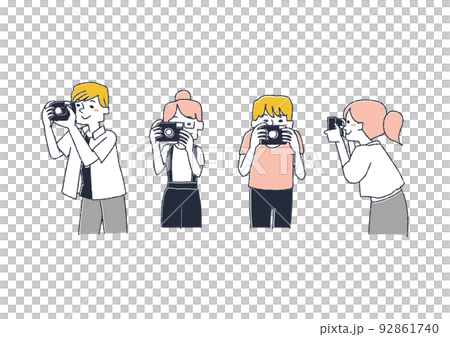 A set of people taking pictures Comical hand-drawn people Vector, warm line drawing 92861740