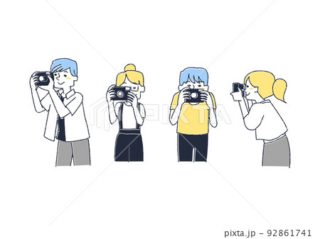 写真を撮る人物のセット　コミカルな手書きの人物　ベクター、温かみのある線画 92861741