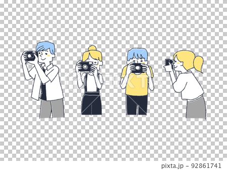 写真を撮る人物のセット　コミカルな手書きの人物　ベクター、温かみのある線画 92861741