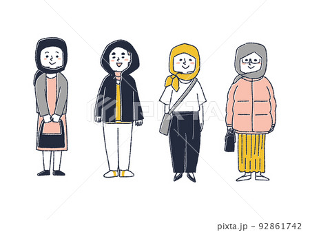 ヒジャブと近代的なファッションの組み合わせを楽しむ女性のセット 92861742