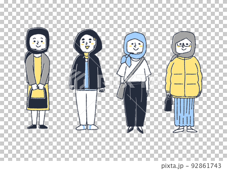 アバヤと近代的なファッションの組み合わせを楽しむ女性のセット アバヤと近代的なファッションの組み合わせを楽しむ女性のセット 92861743