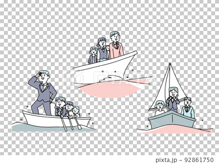 A set of business teams going out to sea on a boat Comical hand-drawn characters Vector, warm line drawing A set of business teams going out to sea on a boat Comical hand-drawn characters Vector, warm line drawing 92861750