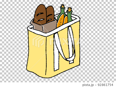 帆布上生態袋中的食品 可笑的手繪小物品矢量，暖線畫 92861754