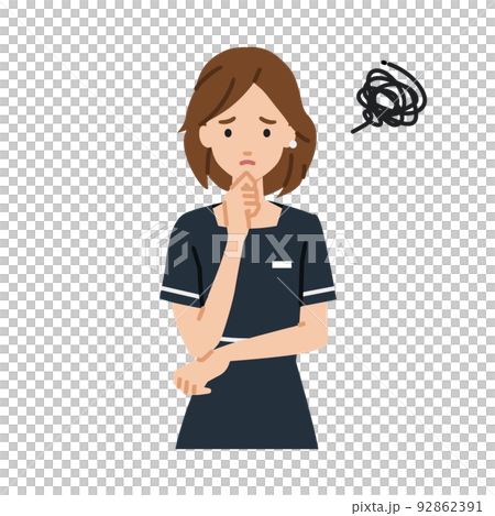 負責美容師、接待員或服務員的女性,在站立並將手放在下巴上時遇到麻煩 負責美容師、接待員或服務員的女性,在站立並將手放在下巴上時遇到麻煩 92862391