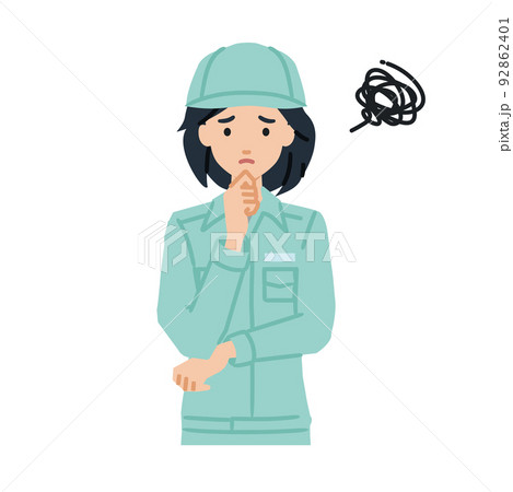 立って手をあごにあてて困っている作業員の女性 92862401