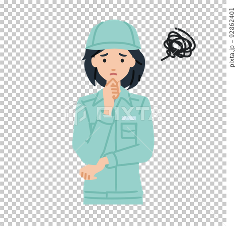 立って手をあごにあてて困っている作業員の女性 92862401